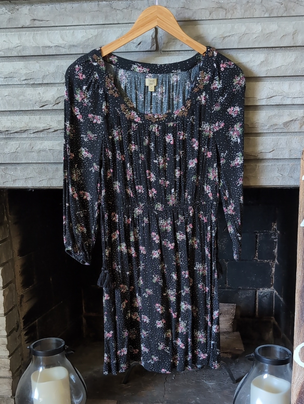 True Craft Black Floral Long Sleeve Smocked Dress Size Medium
